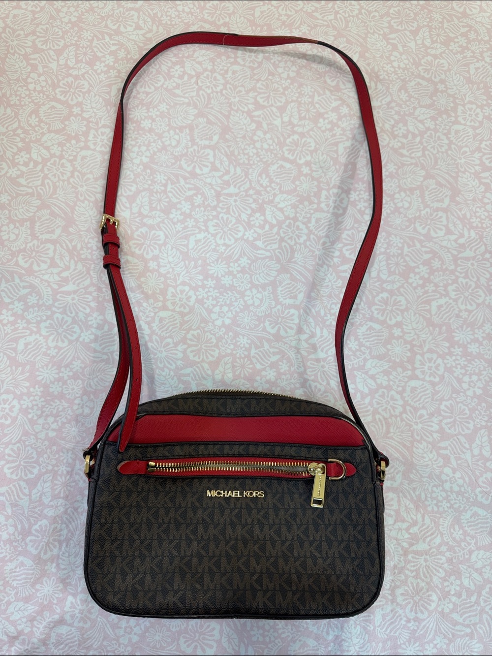Michael Kors Brown Monogram Crossbody with Red Trim and Strap